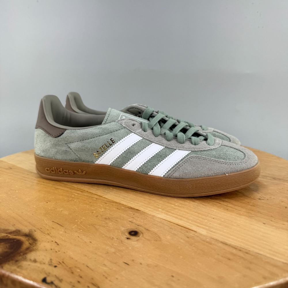 Adidas Gazelle Indoor Mens Size 8.5 Shoes Sneakers Silver Pebble Green Suede NEW